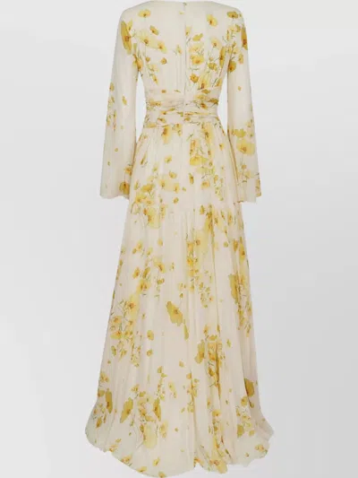 Giambattista Valli V-neckline Long Sleeves Waist Tie Maxi Length Flowy Skirt Floral Print In Yellow