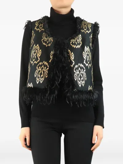 Pre-owned Giambattista Valli Vintage Embroidered Feather-trim Gilet In Black