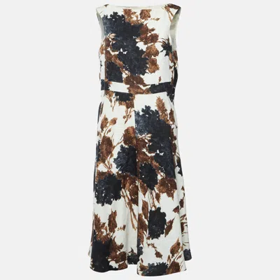 Giambattista Valli White Abstract Botanical Print Linen Midi Dress