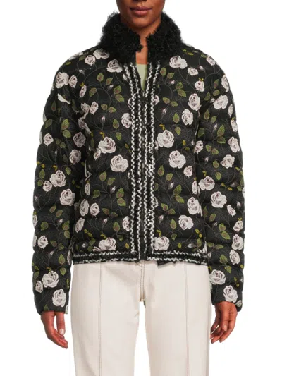 Giambattista Valli Women's Embroidered Shearling-collar Puffer Jacket In Multi