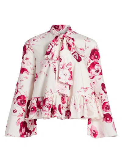 Giambattista Valli Ruby Pansies Poplin Long Sleeve Top In Ivory Multi In White
