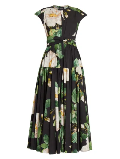 Giambattista Valli Women's Floral Tiered Cotton Dress In Black Green