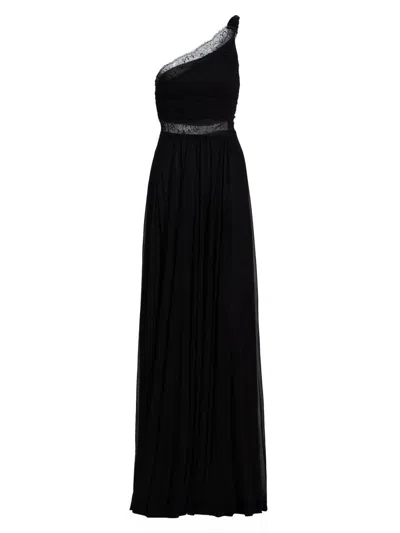 Giambattista Valli Women's One-shoulder Lace-trim Ruched Jersey Gown In Black