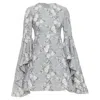 Giambattista Valli Wool Floral Embroidery Cascade Bell Sleeve Dress In Grey