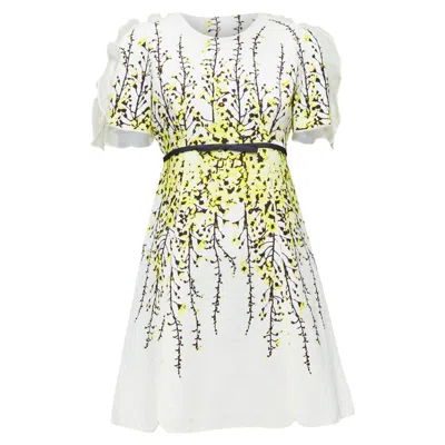 Giambattista Valli Yellow Floral Jacquard Flutter Dress In White