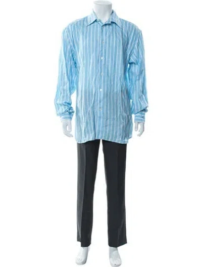 Pre-owned Giampaolo Linen Striped Dress Shirt In Blue