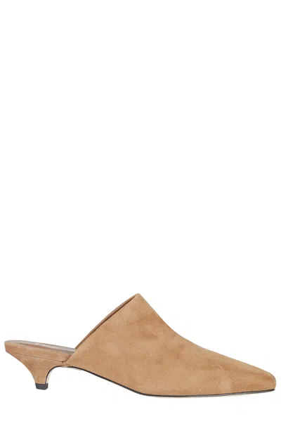 Giampaolo Viozzi Camel Pointed Toe Low Kitten Heel Nappa Leather Mules In Brown