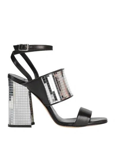 Giampaolo Viozzi Woman Sandals Black Size 8 Leather, Textile Fibers In Silver