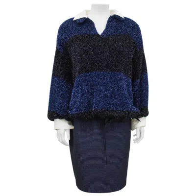 Pre-owned Gianfranco Ferre 1980s Ferre Navy Fuzzy Lurex Top And Skirt In Blue