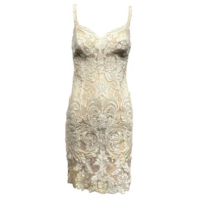 Pre-owned Gianfranco Ferre Gianfranco Ferré 1990s Cream Lace Spaghetti Strap Cocktail Dress In White