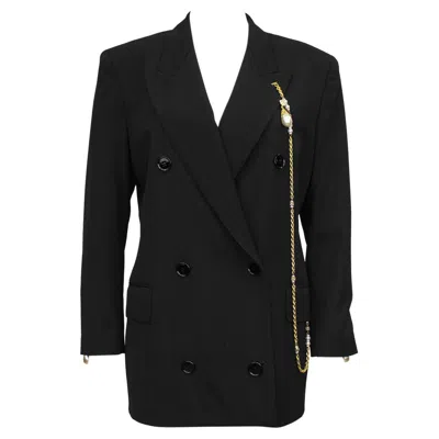 Pre-owned Gianfranco Ferre 1990s  Black Blazer With Baroque Pearl & Gold Chain