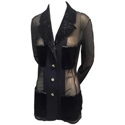 Pre-owned Gianfranco Ferre 1990s  Navy Sheer Net Blazer W Sequined Patch Pockets And Lapel In Blue