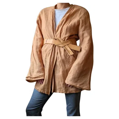 Pre-owned Gianfranco Ferre 1990s Gianfranco Ferré Reversible Linen Taffeta Kimono Coat With Leather Belt In Brown