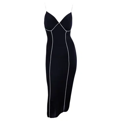 Pre-owned Gianfranco Ferre 1990s Gianfranco Ferré Sheer Knit Navy Blue White Trim Backless Bodycon Dress