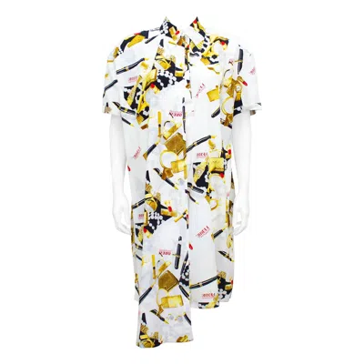 Pre-owned Gianfranco Ferre 1990s  White, Black And Gold Asymmetric Silk Printed Dress