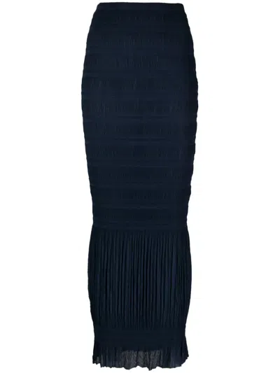 Pre-owned Gianfranco Ferre 1990s Shirred Striped Maxi Skirt In Blue