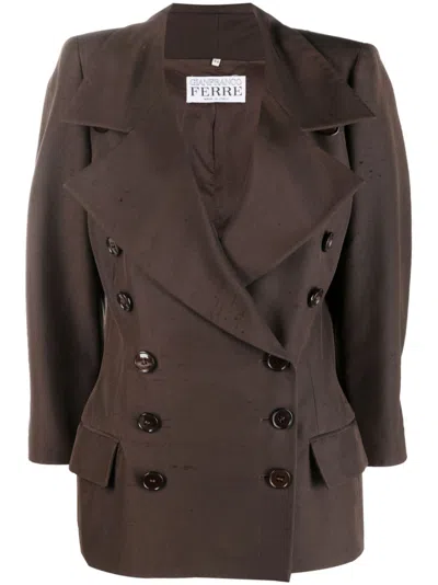 Pre-owned Gianfranco Ferre 1990s Wide-lapel Double-breasted Silk Jacket In Brown