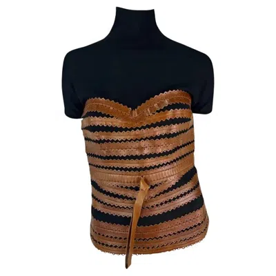 Pre-owned Gianfranco Ferre 2000s  Black Mock Neck Brown Leather Lace Up Corset Top 42it