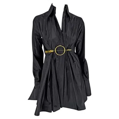 Pre-owned Gianfranco Ferre 2000s  Black Silk Gold Metal Accent Silk Collared Top 38fr