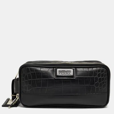 Pre-owned Gianfranco Ferre Black Croc Embossed Leather Oversized Pouch