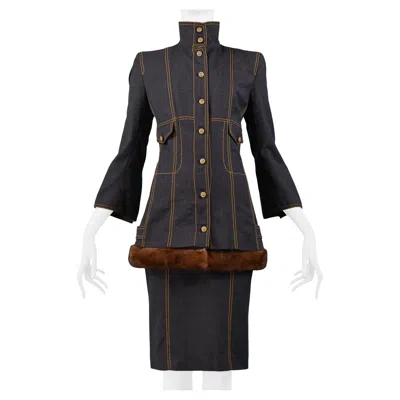 Pre-owned Gianfranco Ferre Black Denim & Fur Jacket & Skirt Ensemble