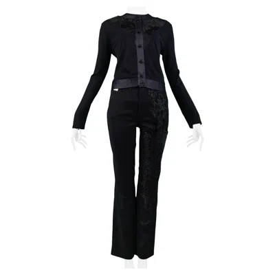 Pre-owned Gianfranco Ferre Black Fur Textured Twin Set Cardigan, Shell Sweater And Pants