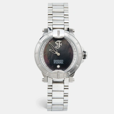 Pre-owned Gianfranco Ferre Black Mother Of Pearl Stainless Steel Diamond Collection Gf-l-13045 Women's Wristwatch 38 Mm In Silver