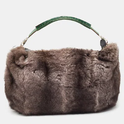 Pre-owned Gianfranco Ferre Black/green Rabbit Fur Croc And Leather Zip Hobo