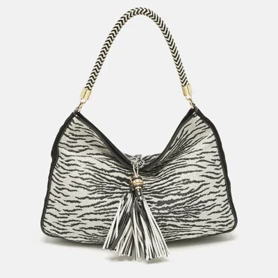 Pre-owned Gianfranco Ferre Black/white Zebra Effect Straw Tassel Hobo