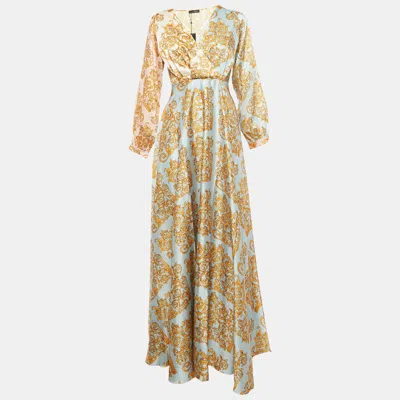 Pre-owned Gianfranco Ferre Blue/yellow Printed Maxi Crepe Wrap Dress S