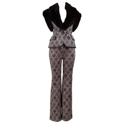 Pre-owned Gianfranco Ferre Brown Fur & Geometric Print Vest And Pants Ensemble 2006