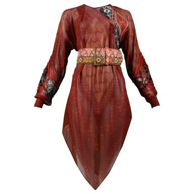 Pre-owned Gianfranco Ferre Burgundy Printed Tunic & Embroidered Belt In Red