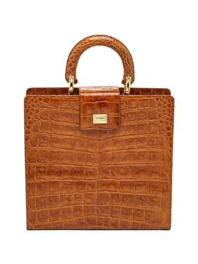 Pre-owned Gianfranco Ferre Crocodile-embossed Leather Tote Bag In Brown