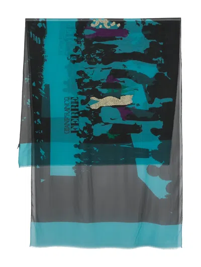 Pre-owned Gianfranco Ferre Crowd-pattern Silk Scarf In Blue
