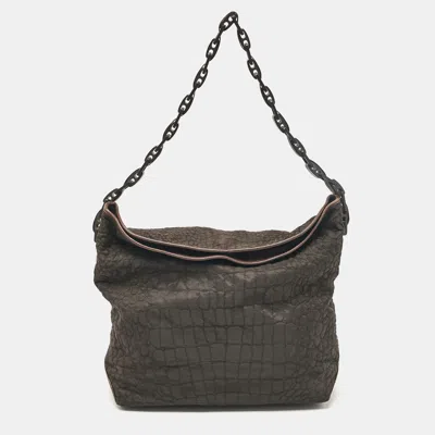 Pre-owned Gianfranco Ferre Dark Brown Fabric And Leather Chain Bucket Bag