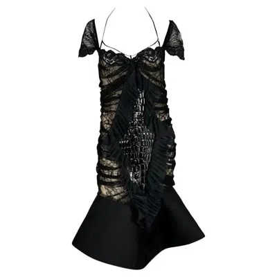 Pre-owned Gianfranco Ferre F/w 2004 Gianfranco Ferré Sculptural Croc Black Lace Runway Dress 46fr