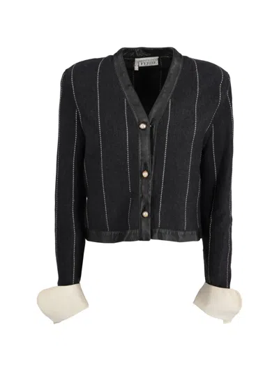 Pre-owned Gianfranco Ferre Leather-trimmed Cardigan In Gray