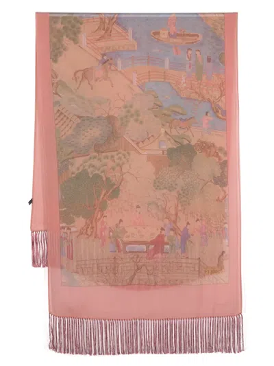 Pre-owned Gianfranco Ferre Motif-print Fringed Silk Scarf In Pink