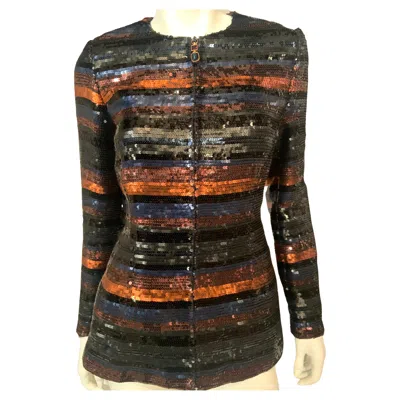 Pre-owned Gianfranco Ferre Multi Color Striped Zip Front Sequin Jacket In Black