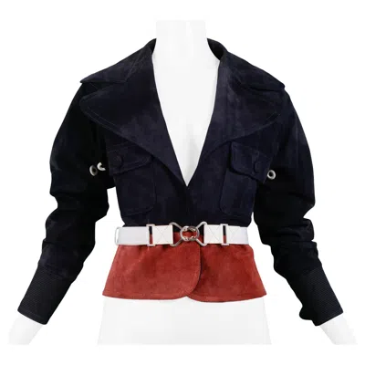 Pre-owned Gianfranco Ferre Navy & Burgundy Suede Belted Jacket In Red