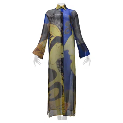 Pre-owned Gianfranco Ferre Navy & Gold Chiffon Caftan Shirt Dress In Blue