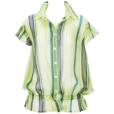 Pre-owned Gianfranco Ferre New  Woman Sexy Sheer Striped Button Up Top Blouse Size L In Green