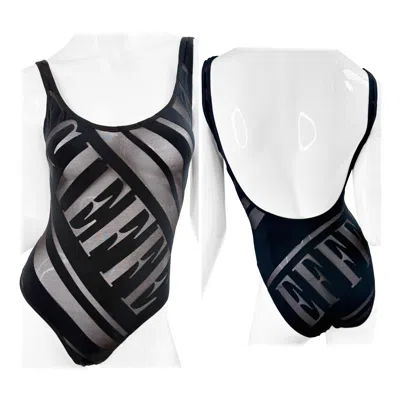 Pre-owned Gianfranco Ferre Nwt 1990s  Black Sheer Logo Vintage One Piece Swimsuit Bodysuit