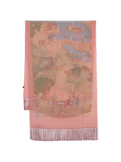 Pre-owned Gianfranco Ferre Printed Fringed Silk Scarf In Pink