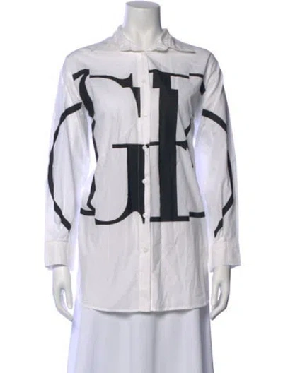 Pre-owned Gianfranco Ferre Printed Long Sleeve Button-up Top In White