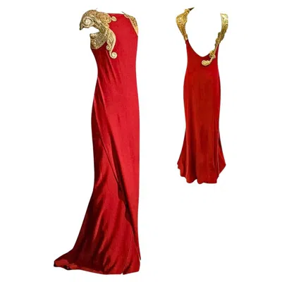 Pre-owned Gianfranco Ferre Runway Red Evening Gown With Gold Trim Fall/winter 1992 Sz 40it