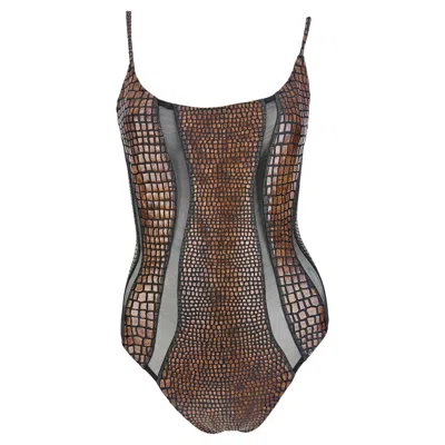 Pre-owned Gianfranco Ferre S/s 1993 Gianfranco Ferré Ad Brown Scale Print Sheer Cutout One Piece Swimsuit