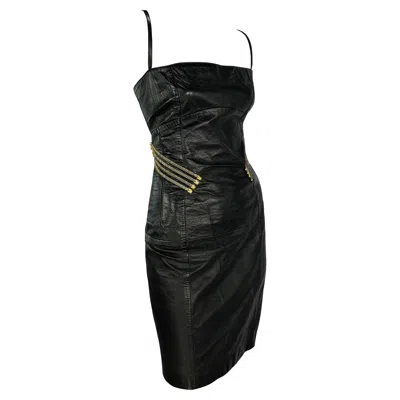Pre-owned Gianfranco Ferre S/s 1995 Gianfranco Ferré Rhinestone Gold Corset Boned Black Leather Mini Dress