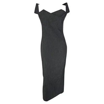 Pre-owned Gianfranco Ferre S/s 1996 Gianfranco Ferré Runway Grey Charcoal Pinstripe Off-shoulder Dress In Gray