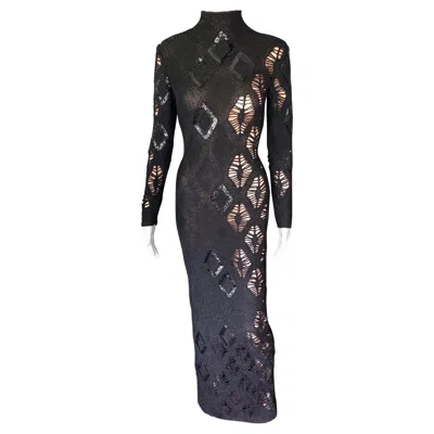 Pre-owned Gianfranco Ferre S/s 2002 Beaded Sequin Sheer Crochet Knit Black Maxi Dress Gown